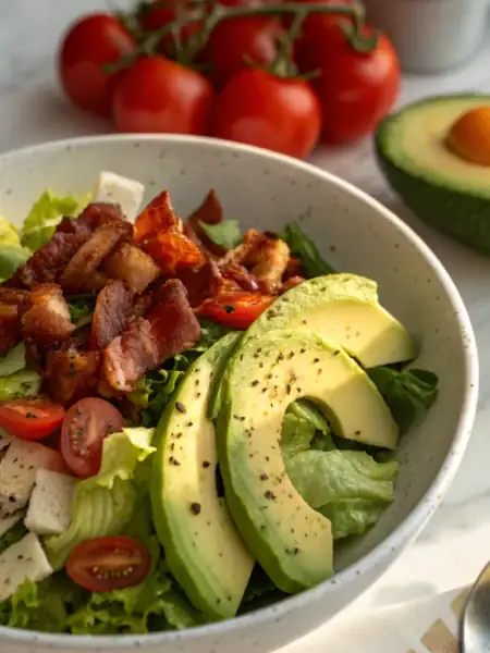 Avocado BLT Salad with crispy bacon, fresh tomatoes, and creamy avocado chunks on crisp romaine lettuce