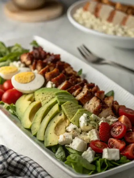 California cobb salad with rows of fresh ingredients including avocado, bacon, chicken, and blue cheese on crisp lettuce