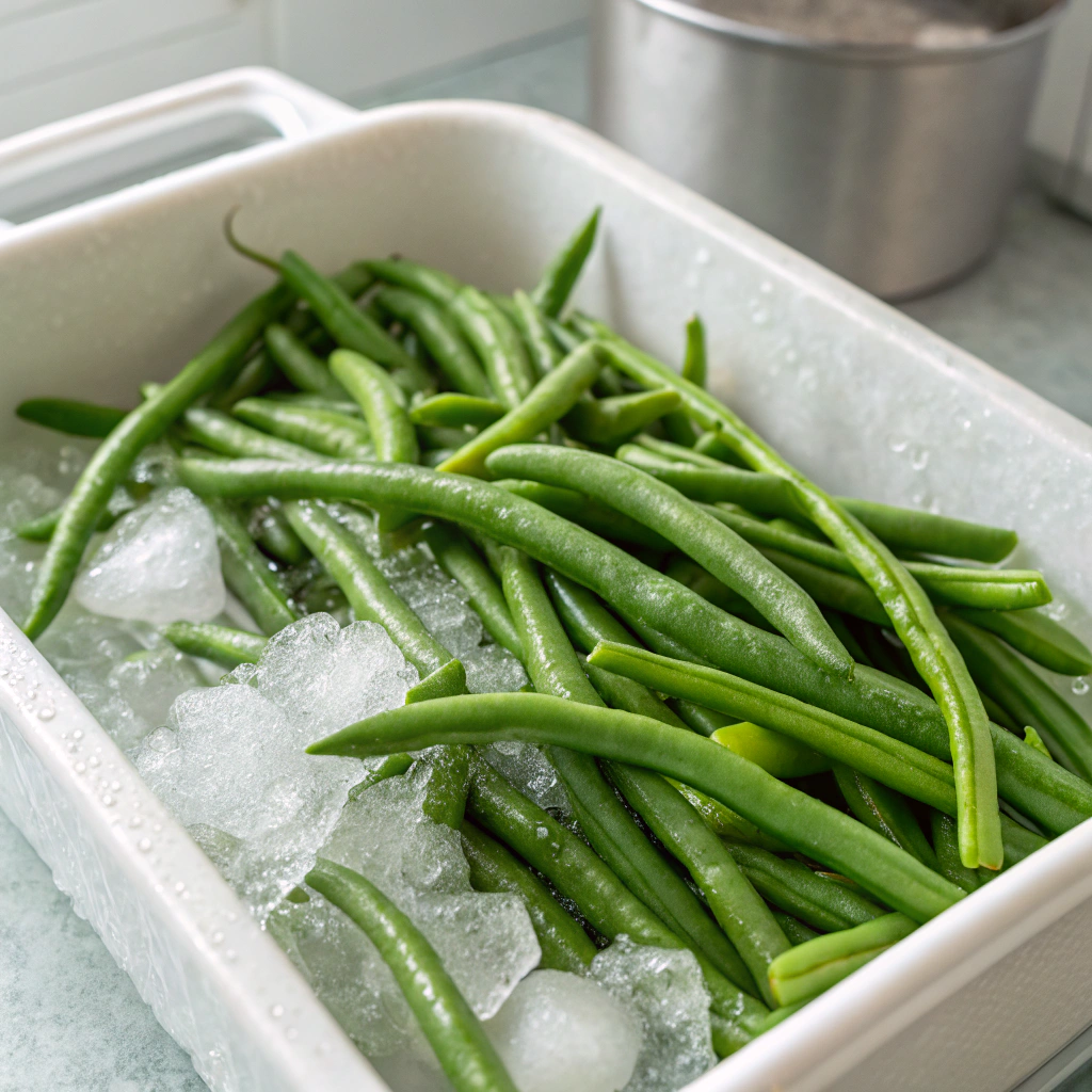 potato and green bean salad prep - perfectly blanched green beans being transferred to ice bath