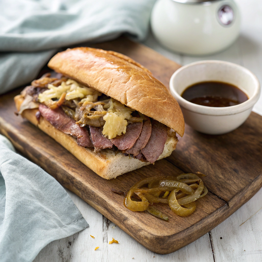 Mississippi french dip sandwich with pimento cheese and caramelized onions on brioche, served with bourbon-spiked au jus