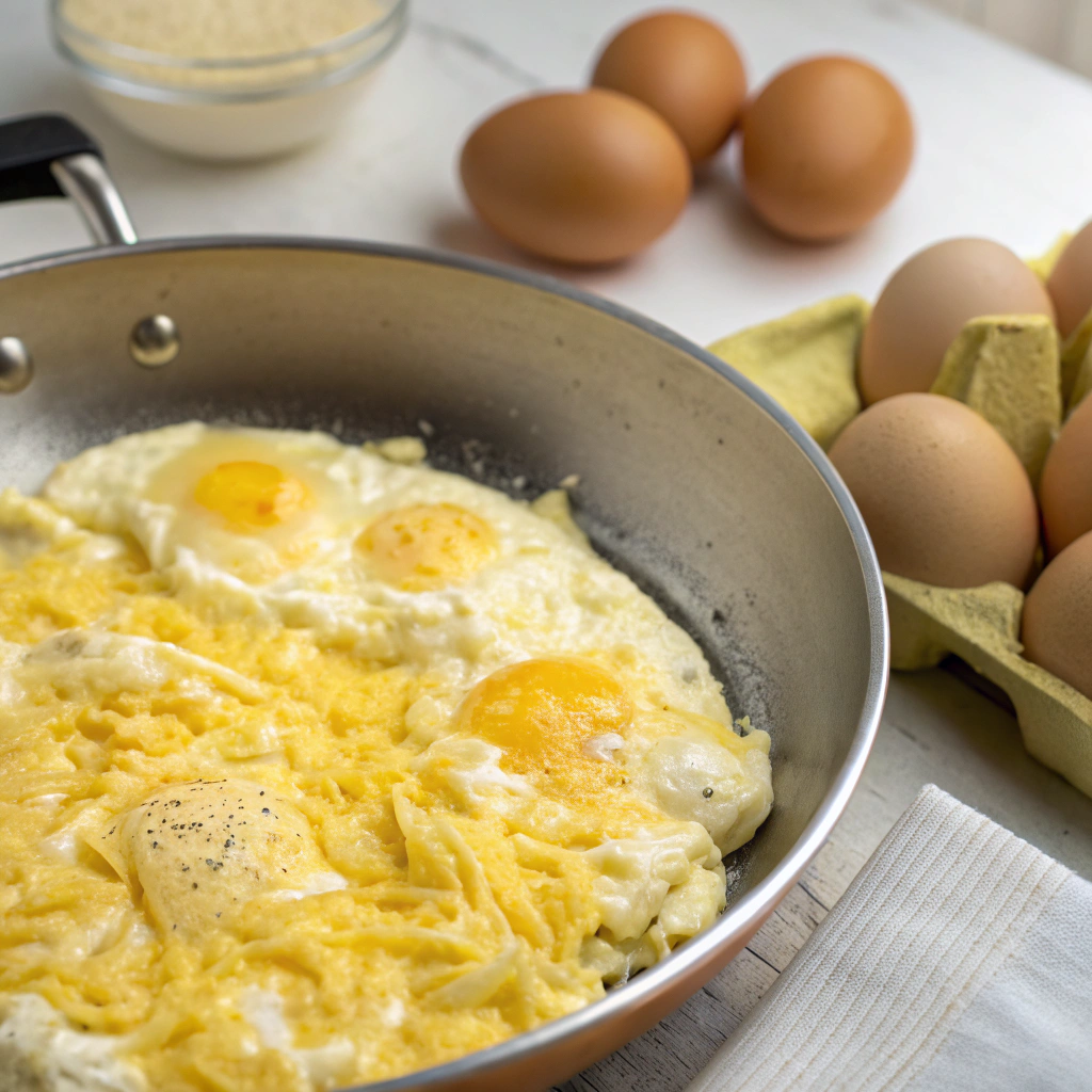 Scrambled eggs with cheese showing perfect creamy texture, demonstrating proper cooking technique to prevent rubbery results