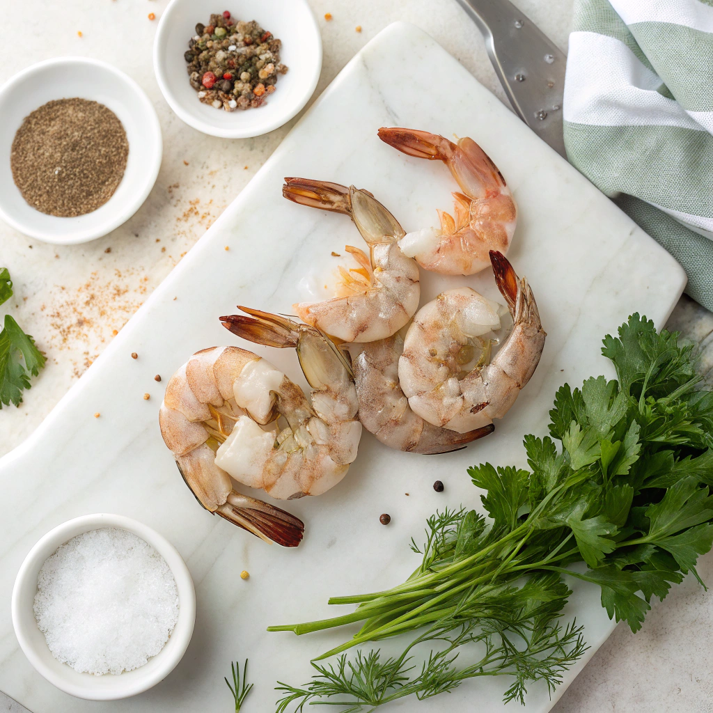 Fresh Gulf shrimp for cajun soup with seasonings and herbs on marble cutting board