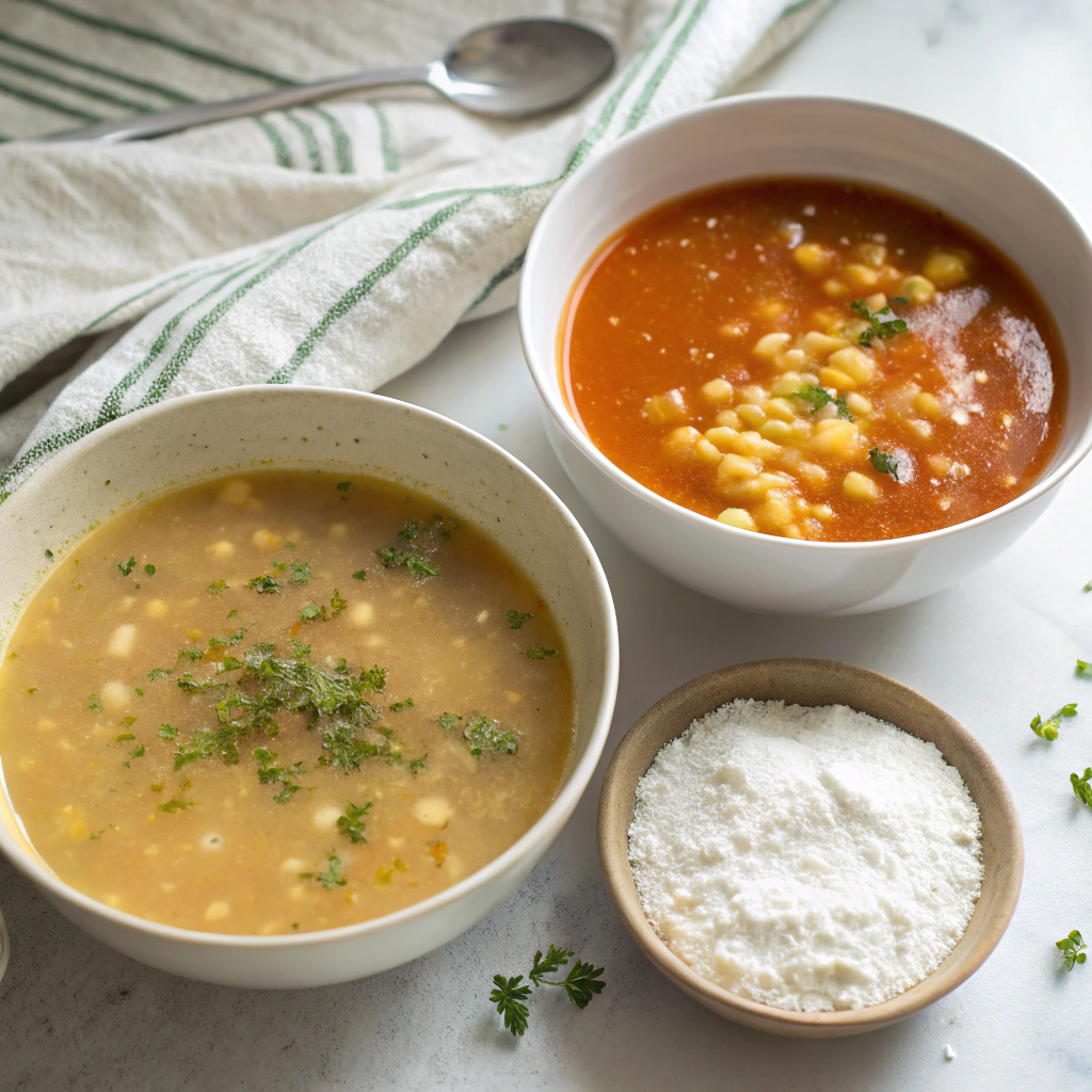 Cajun shrimp and corn soup texture comparison showing watery vs perfectly thickened consistency with thickening ingredients