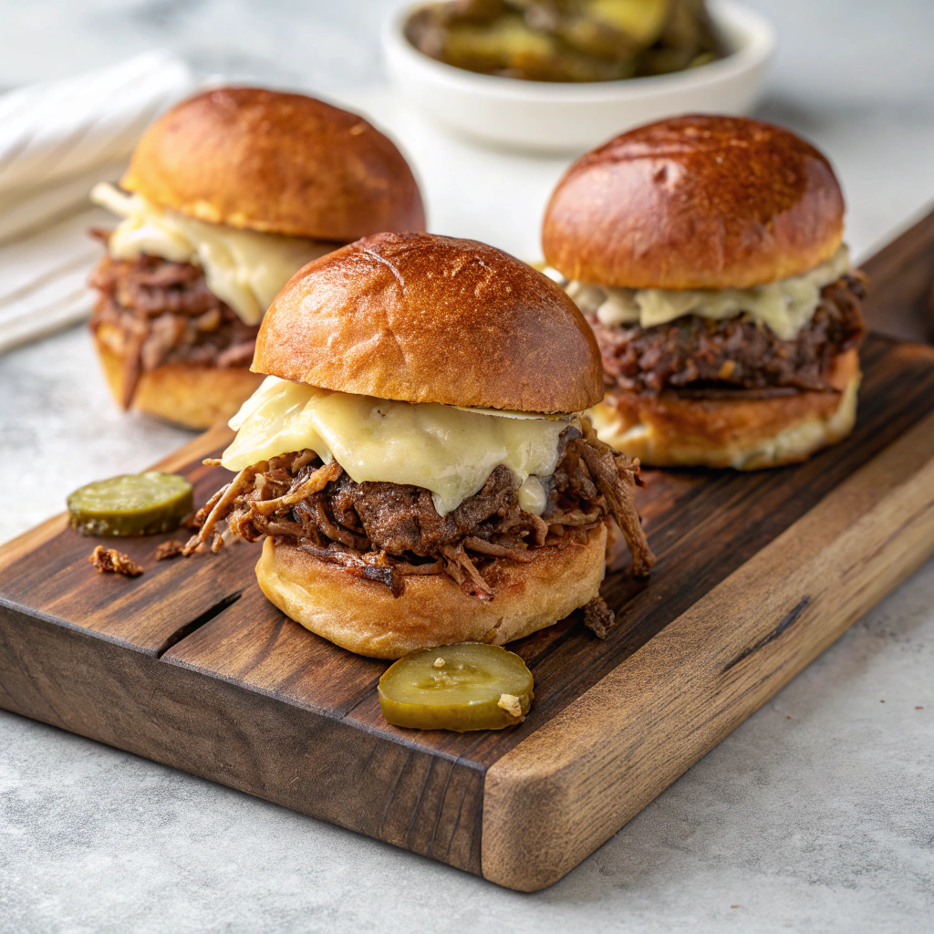 Mississippi pot roast sliders with melted provolone and crispy fried pickles on buttery brioche buns, arranged on wooden board