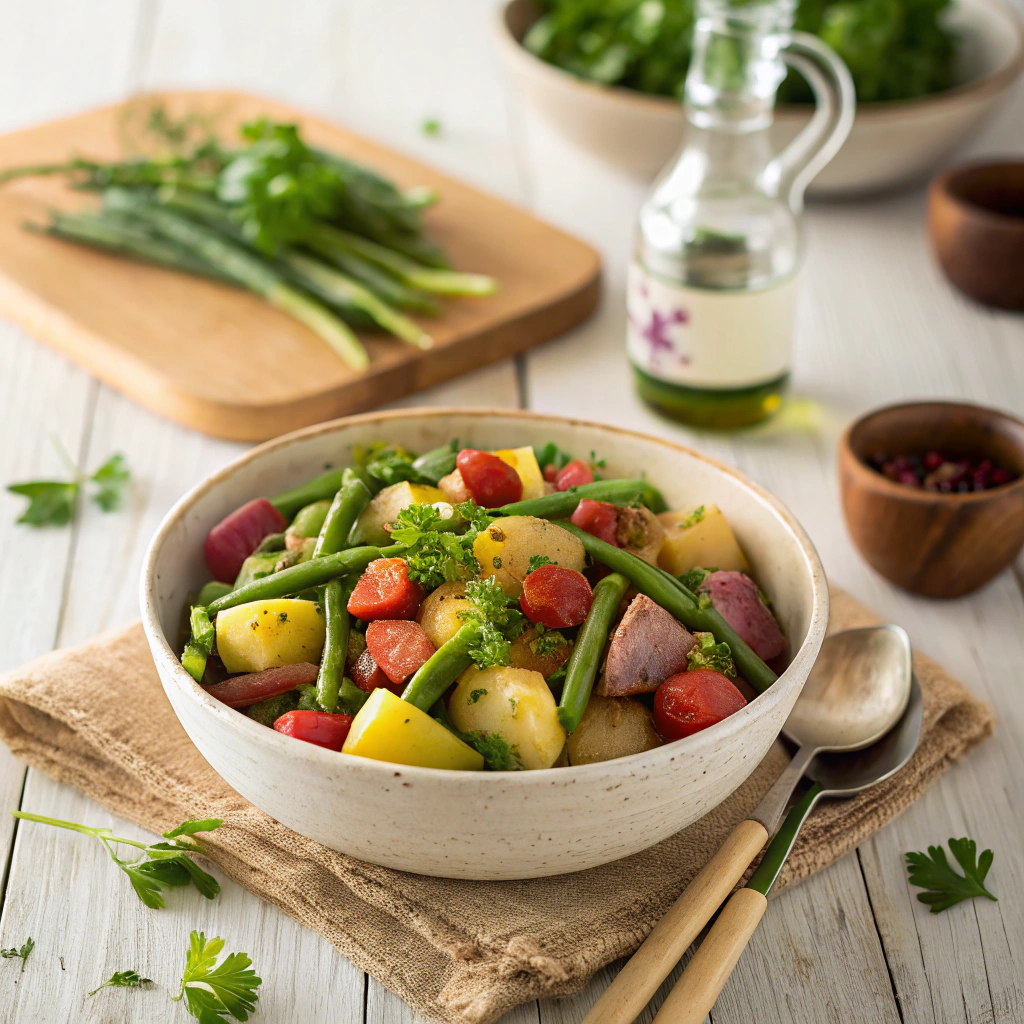 Potato and green bean salad garnished with fresh herbs in rustic bowl, top view