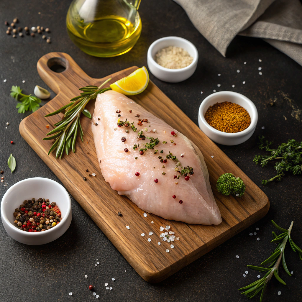 Tossed chicken salad preparation with seasoned raw chicken breast and spice bowls on wooden cutting board