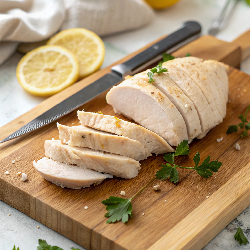 Tossed chicken salad preparation showing juicy sliced chicken breast with perfect texture on wooden board