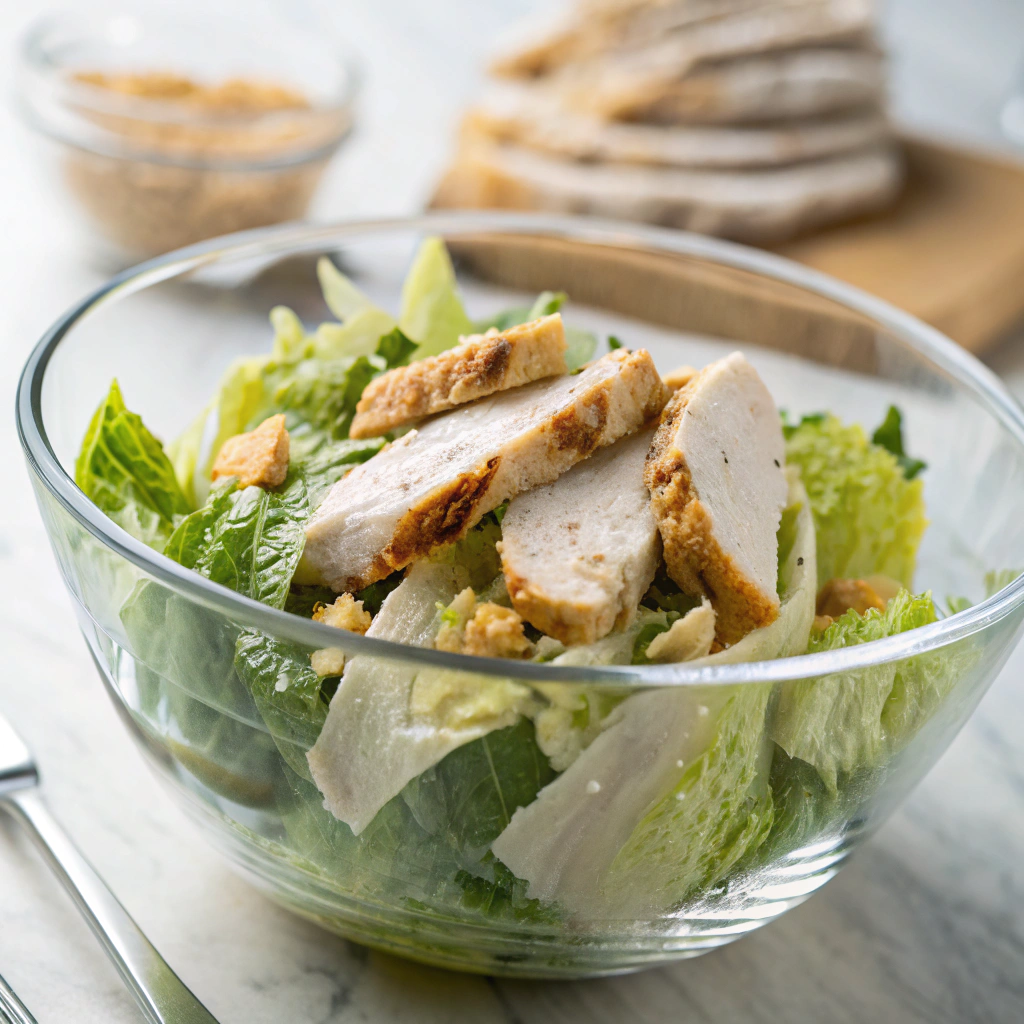 Tossed chicken salad ingredients at perfect temperature with ice bath and chilled bowl showing professional preparation