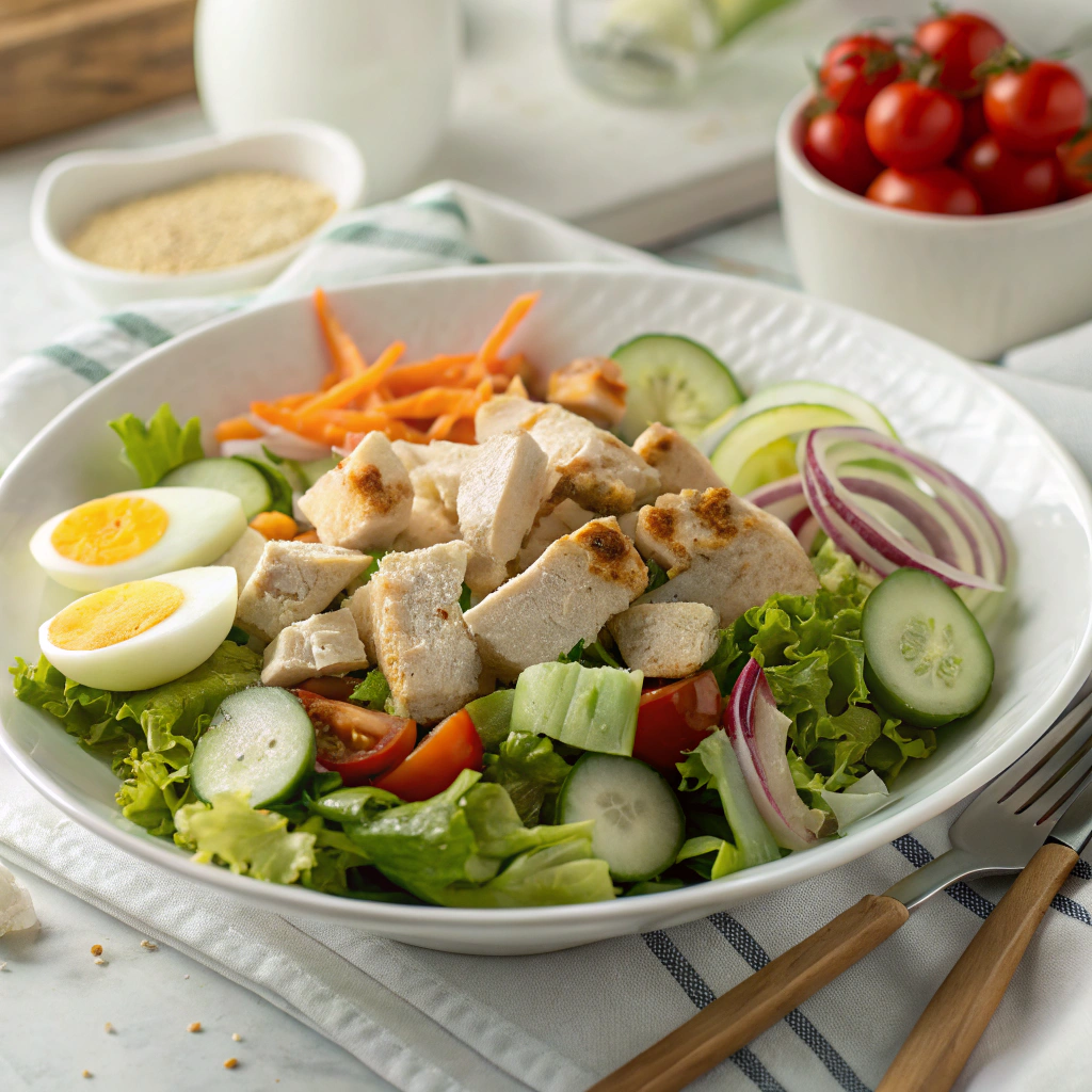 Tossed chicken salad with fresh vegetables and hard-boiled eggs on white plate, traditional American style