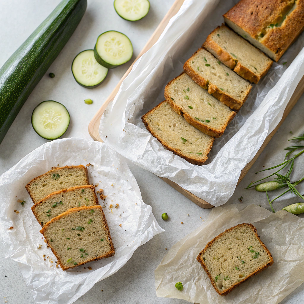 zucchini bread french toast ingredients showing fresh and day-old bread slices with storage materials