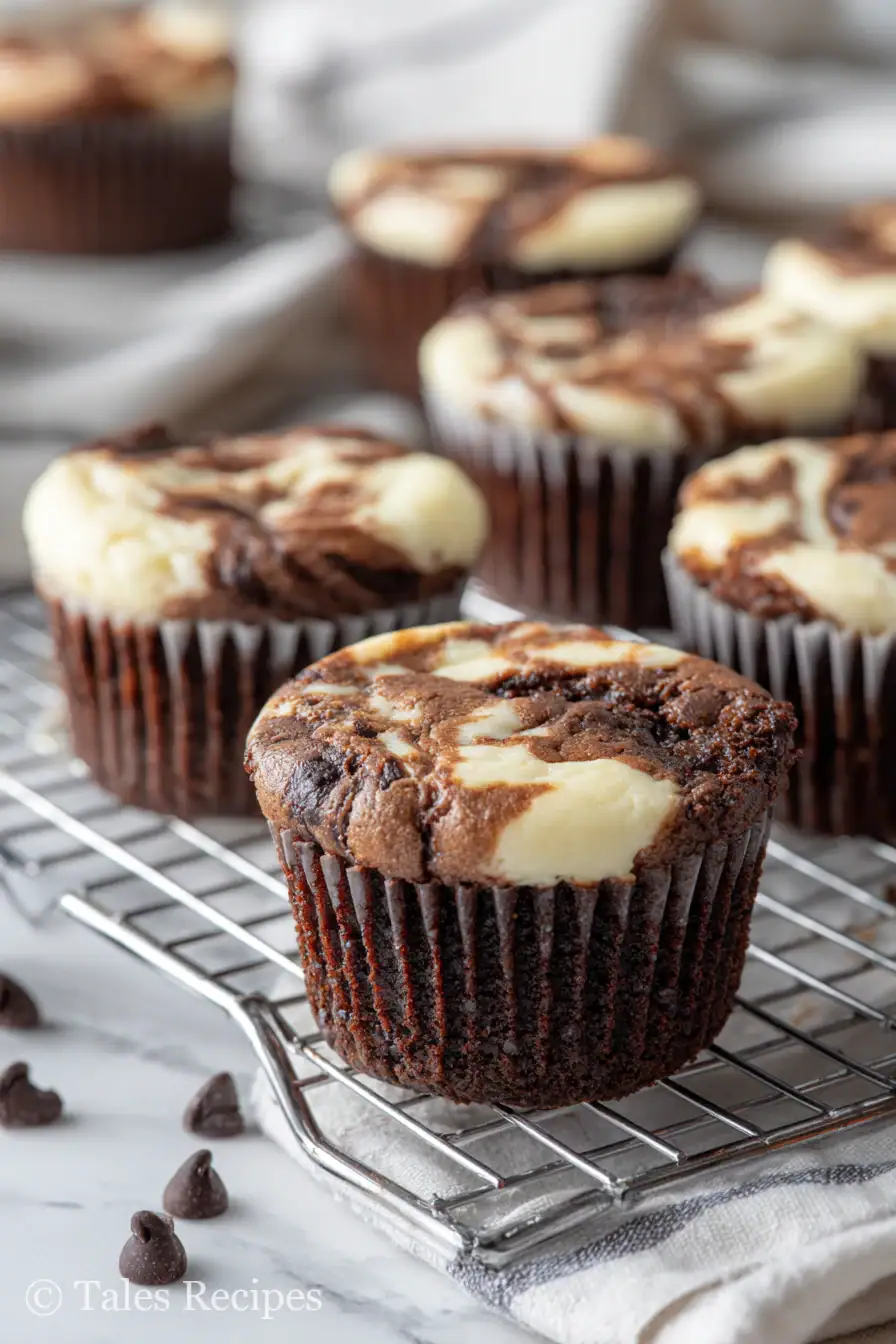 Freshly baked black bottom cupcakes with cheesecake and brownie layers on a wire rack.