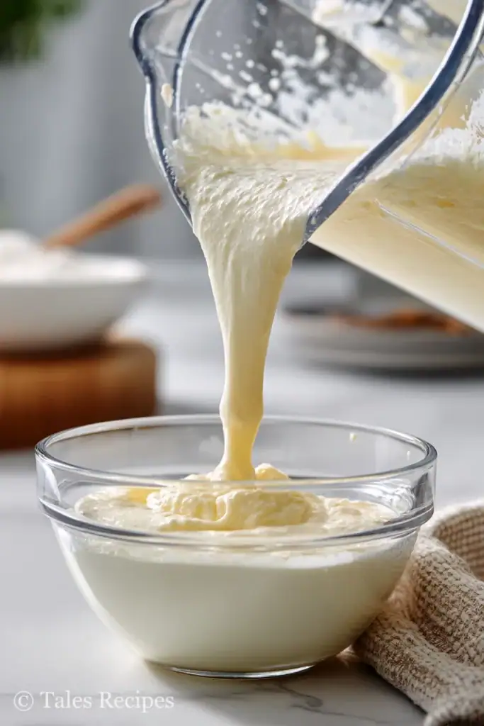 Smooth blended cottage cheese and egg pizza crust batter poured into mixing bowl.
