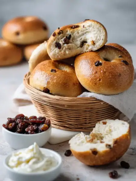 Cinnamon raisin cottage cheese bagels on marble with golden crust and visible raisins