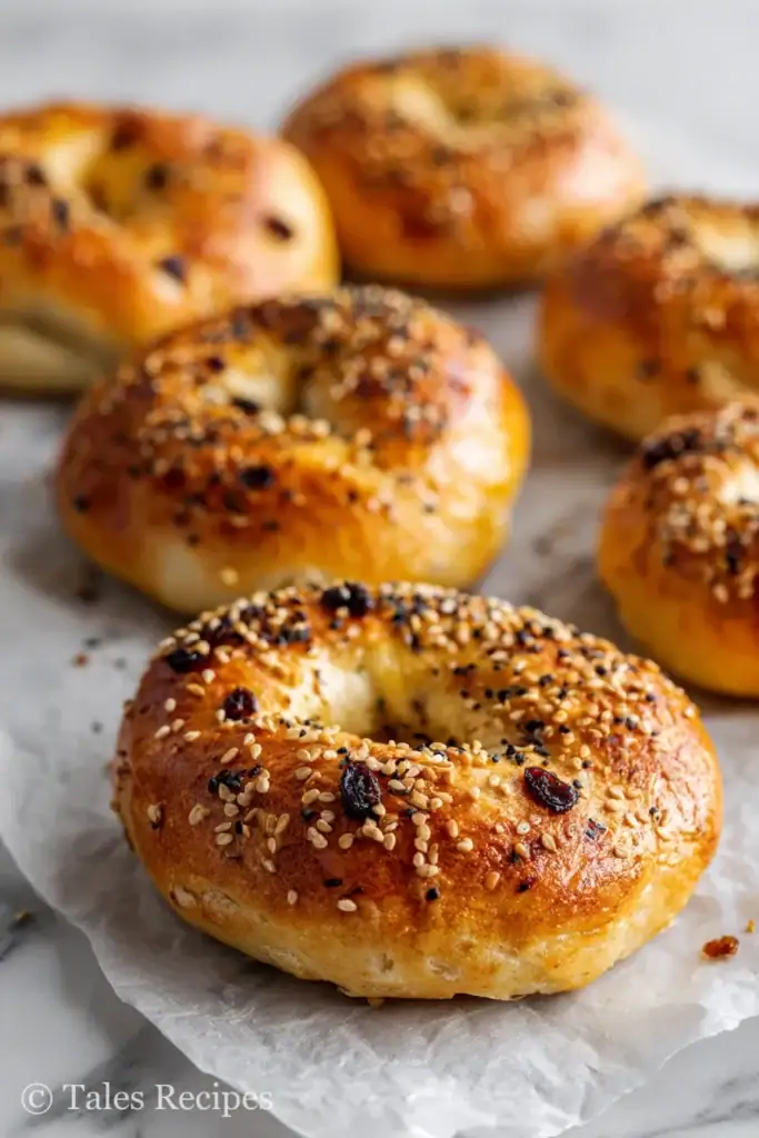 Freshly baked cinnamon raisin cottage cheese bagels with glistening crust on parchment