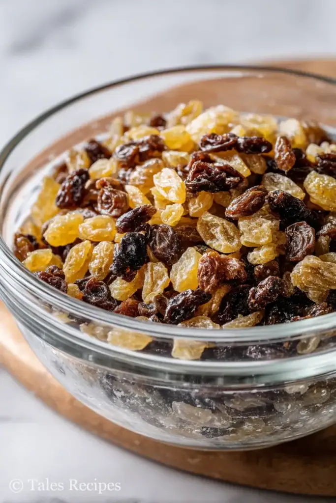 Chopped raisins soaking in warm water for cinnamon raisin cottage cheese bagels