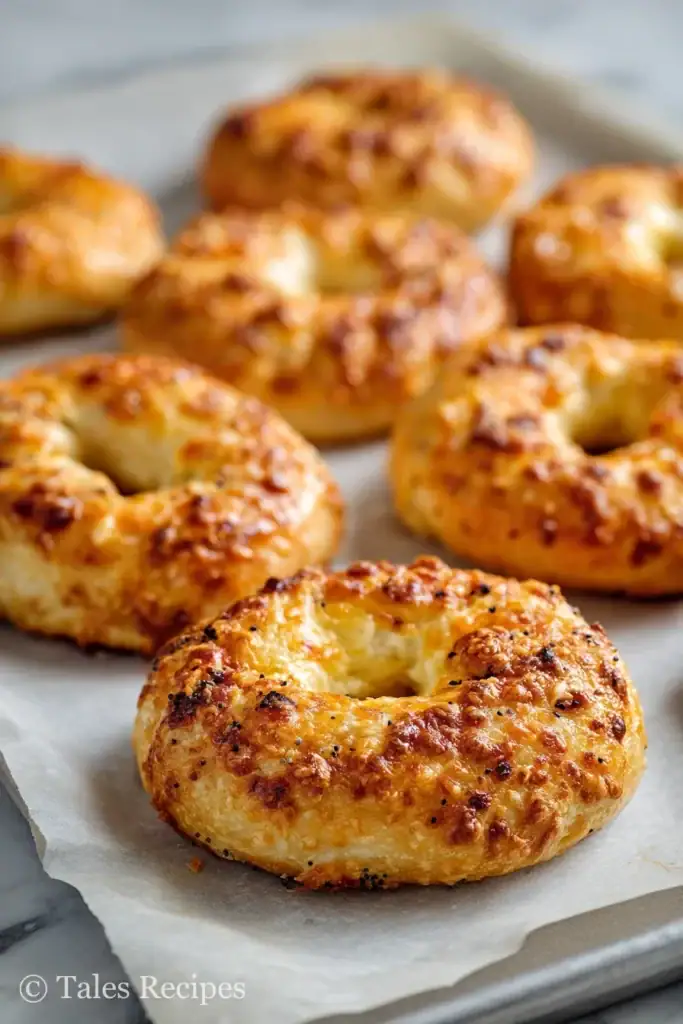 Baked cottage cheese bagel recipe TikTok bagels fresh from oven cooling on marble background.