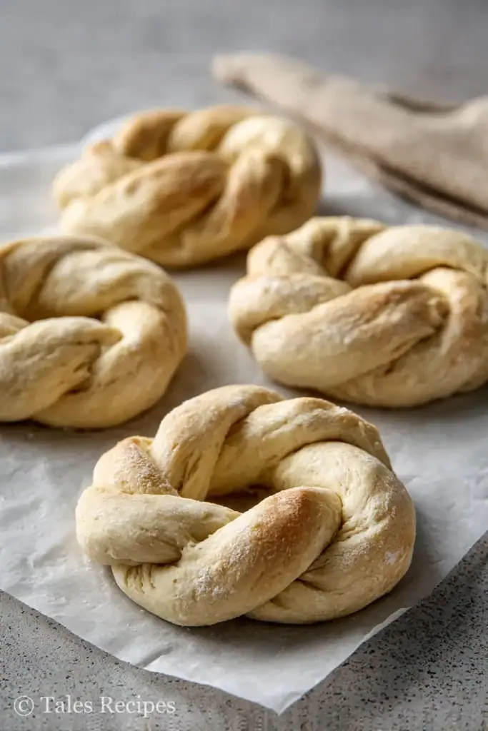 Dough shaped into rings for the cottage cheese bagel recipe TikTok method on parchment.