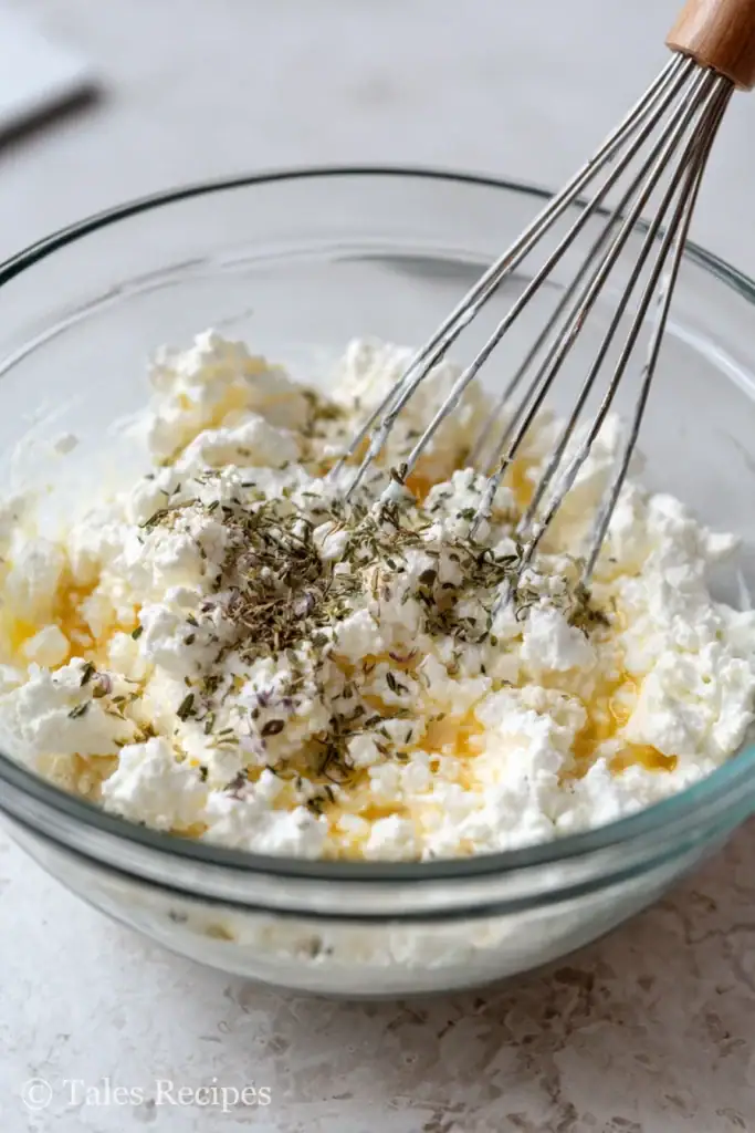 Mixing cottage cheese, mozzarella, eggs, and herbs for pizza crust no flour in bowl.