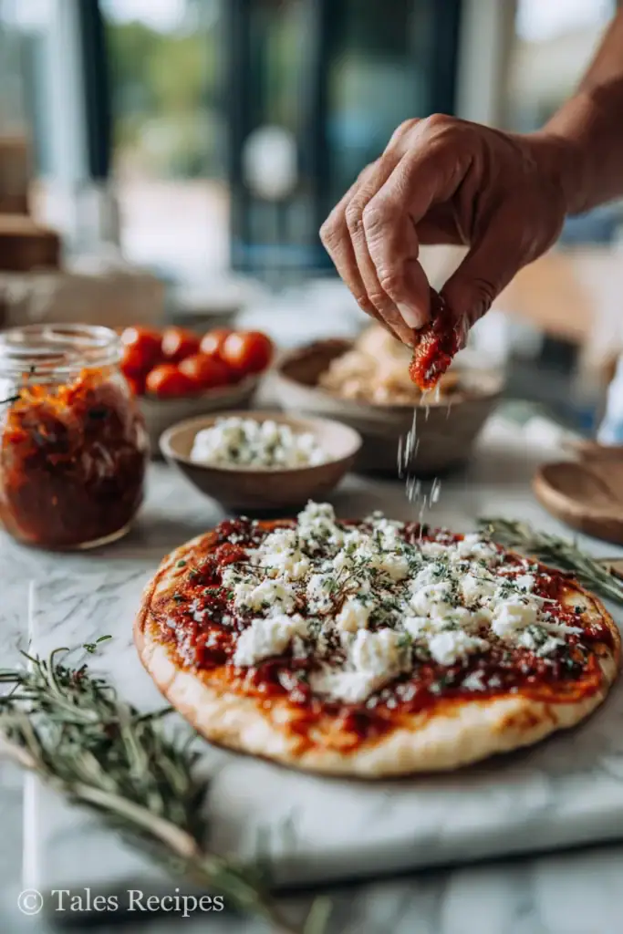 Sauce and cheese being added to cottage cheese pizza crust no flour for homemade pizza.