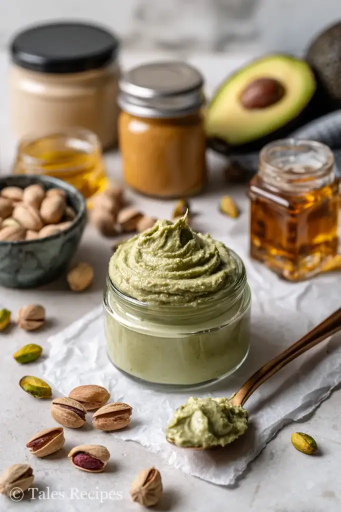 Dairy-free pistachio cream in glass bowl with avocado oil and pistachios nearby