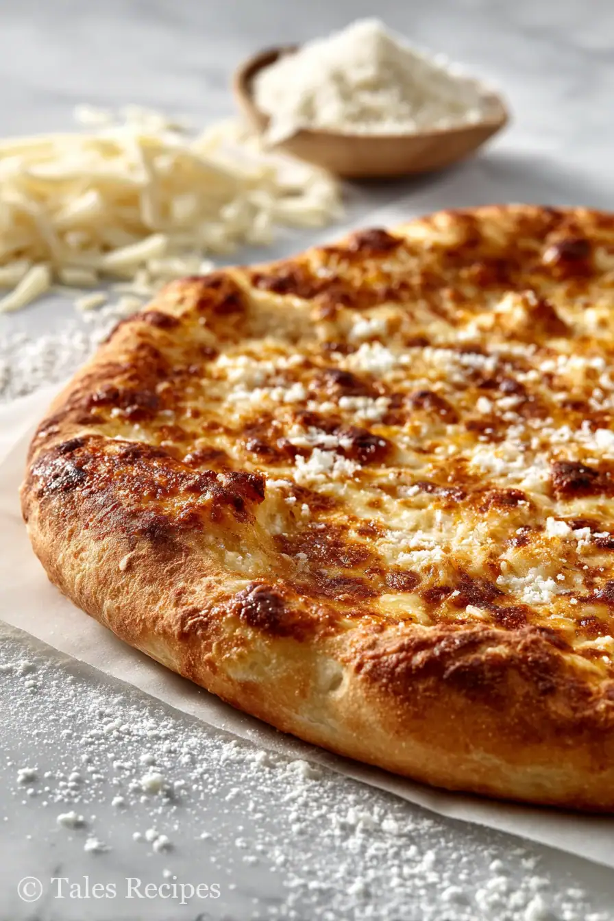 Cottage cheese egg pizza crust with golden edges and inviting texture on marble background.