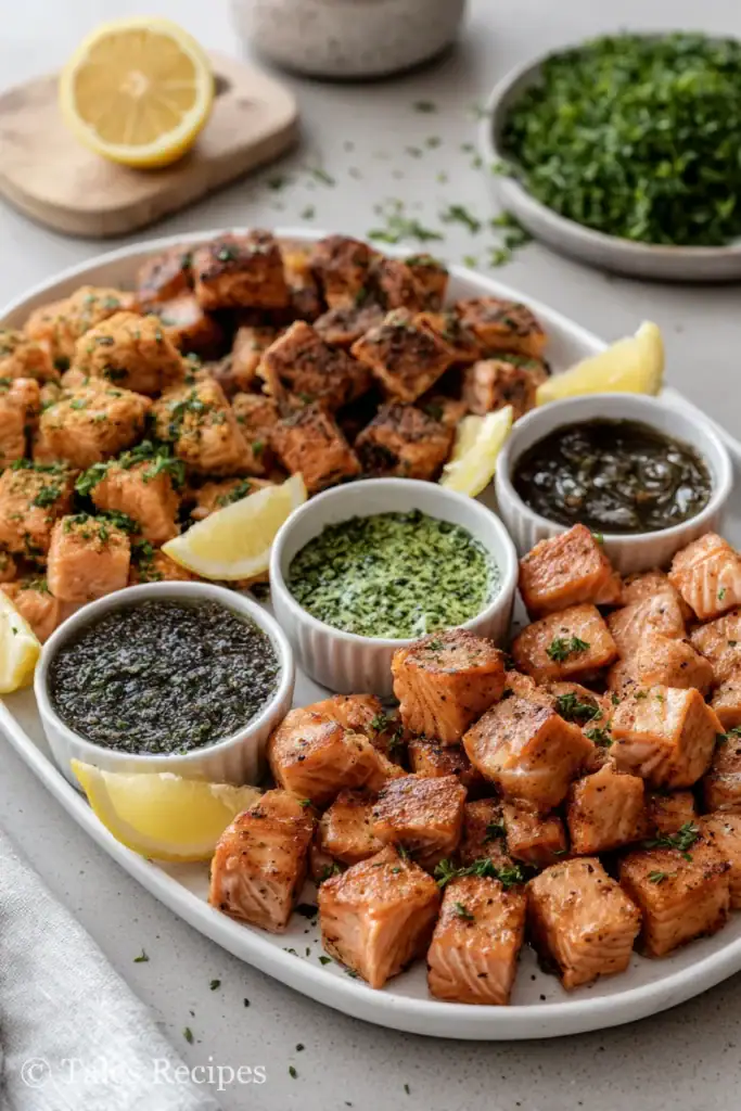 Plated keto flavored salmon bites in four flavors with dipping sauces and garnishes