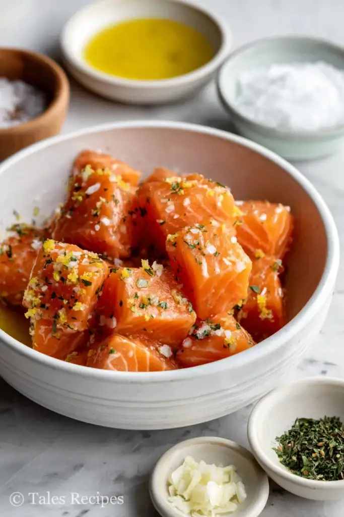 Marinating salmon cubes with lemon garlic and herbs for salmon bites