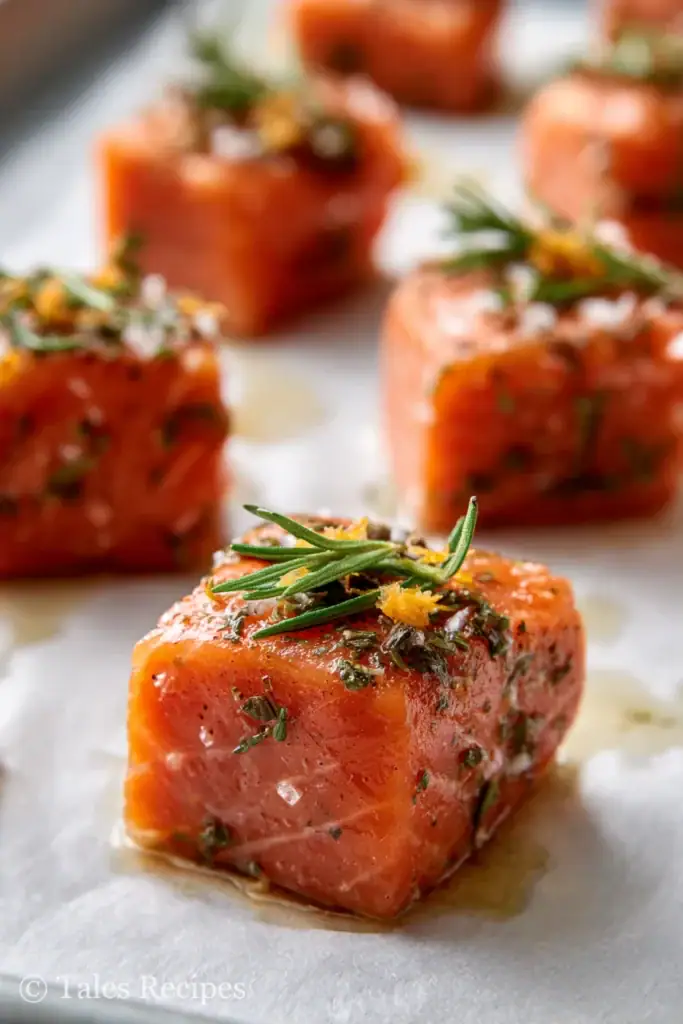 Lemon garlic salmon bites prepped on pan before baking in oven