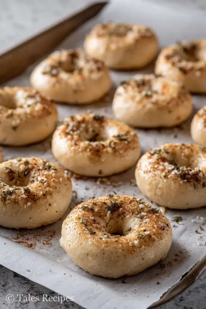 Topped unbaked mini cottage cheese bagels on sheet pan prepped for oven or air fryer