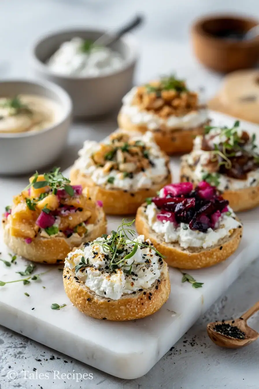 Mini cottage cheese bagels arranged for a festive party platter with colorful toppings