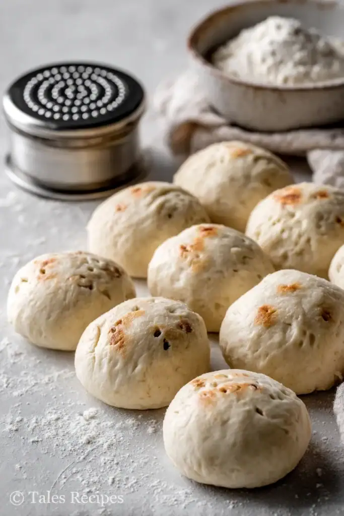 Unbaked mini cottage cheese bagels being shaped on marble with juice cap tool