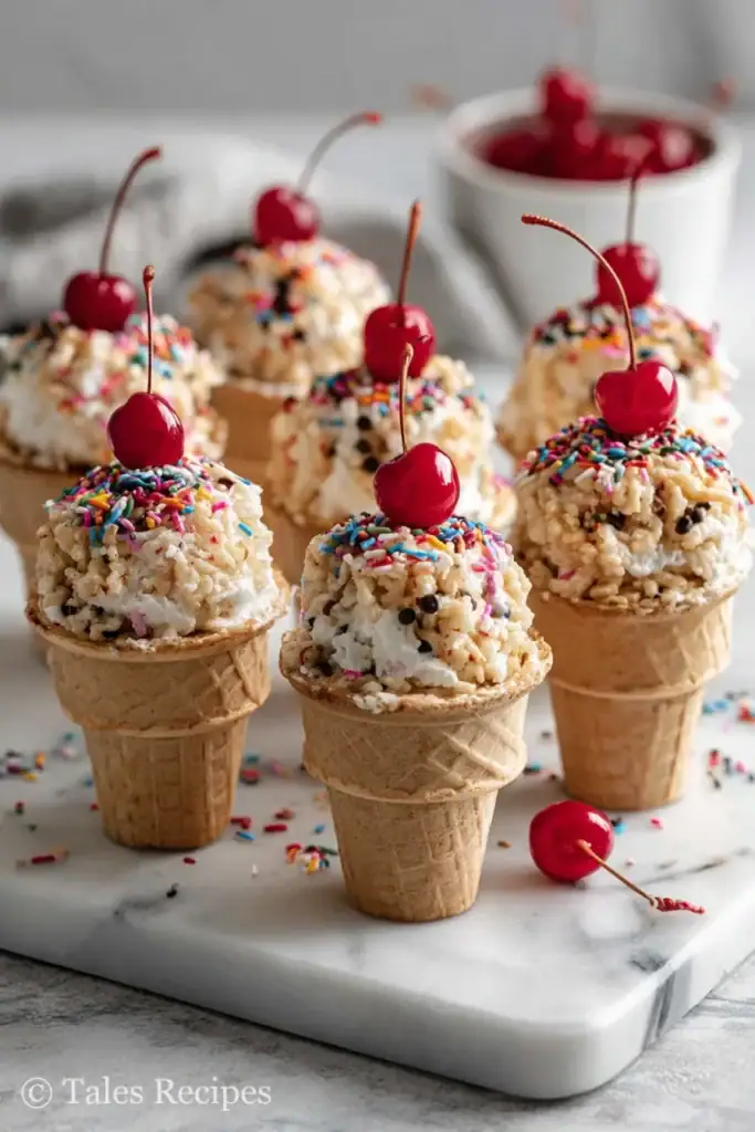 Mini rice krispie ice cream cones party platter with colorful toppings for celebrations.