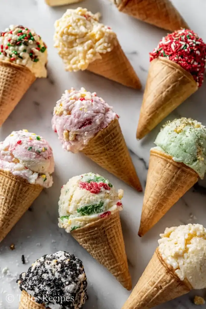 Assorted mini rice krispie ice cream cones decorated for holidays and special themes.