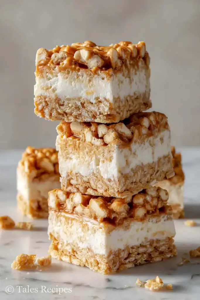 Close-up of peanut butter rice krispie ice cream sandwich showing layered crispy and creamy textures.