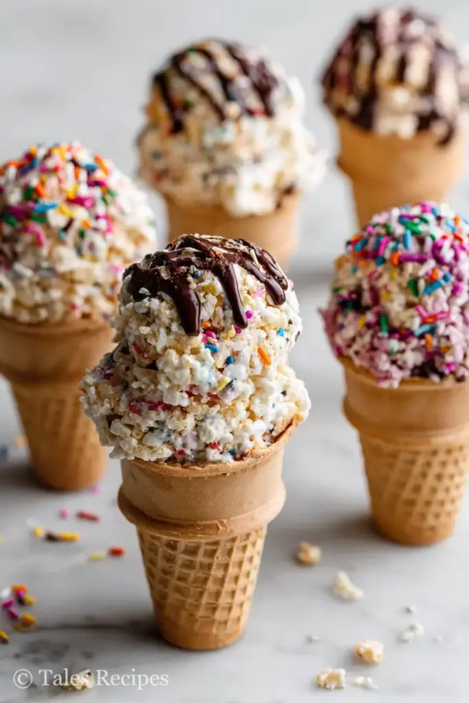 Featured rice krispie ice cream cones with sprinkles and chocolate on marble background