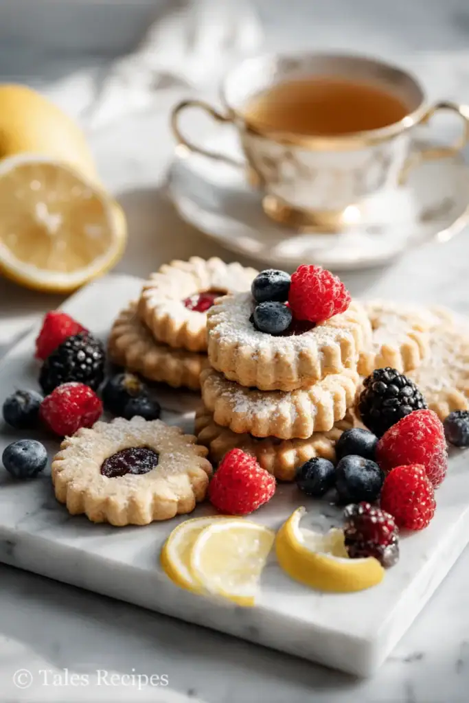 Serving traditional linzer cookie recipe on a platter with berries and tea.