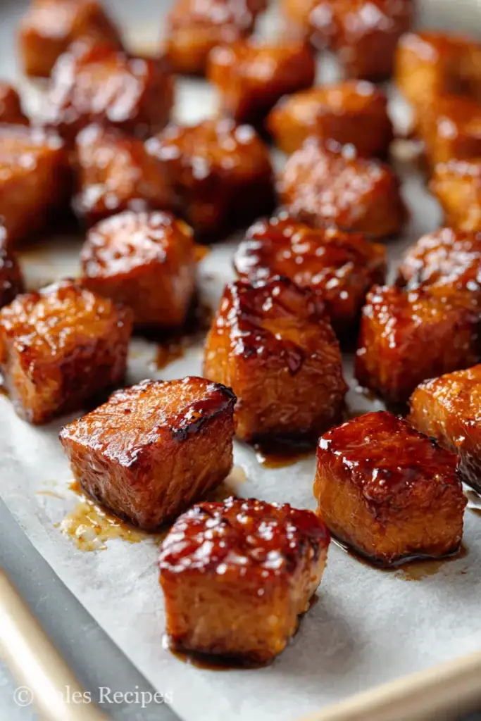 Teriyaki salmon bites oven baking on parchment lined tray with glossy glaze