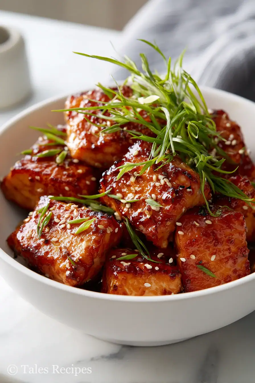 Teriyaki salmon bites oven baked, glazed and garnished in a white bowl