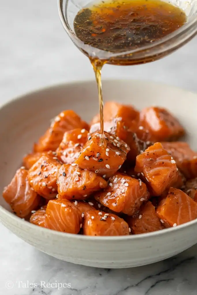 Salmon cubes marinating in teriyaki sauce for oven teriyaki bites