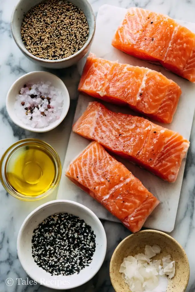 Thai peanut salmon bites recipe ingredients arranged on a marble surface