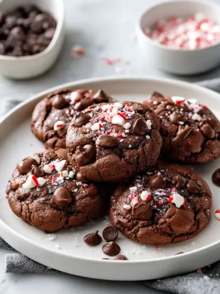 Triple chocolate peppermint cookies arranged on a plate with peppermint and chocolate chips