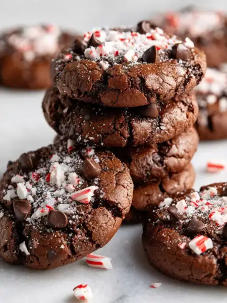 Vegan chocolate peppermint cookies topped with candy canes on white marble background