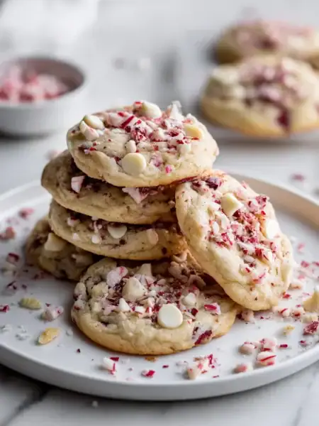 White chocolate peppermint cookies with crushed candy canes on white marble background.