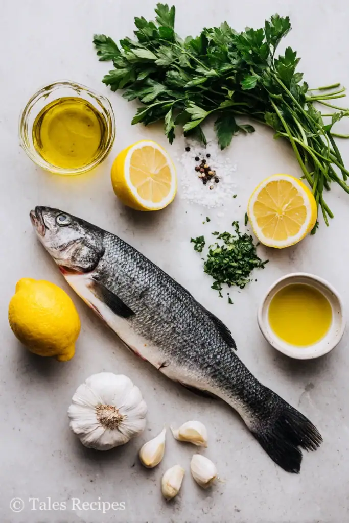Ingredients needed for branzino recipe including branzino, lemon, garlic, parsley, and olive oil