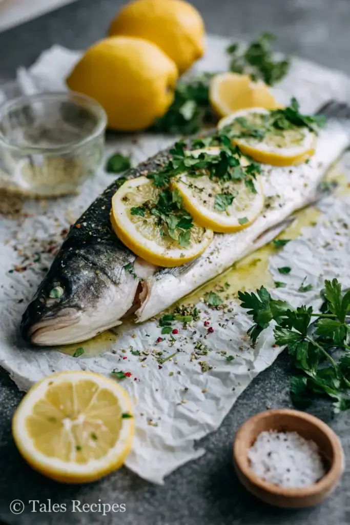 Step-by-step preparation of branzino for a branzino recipe including lemon and herbs