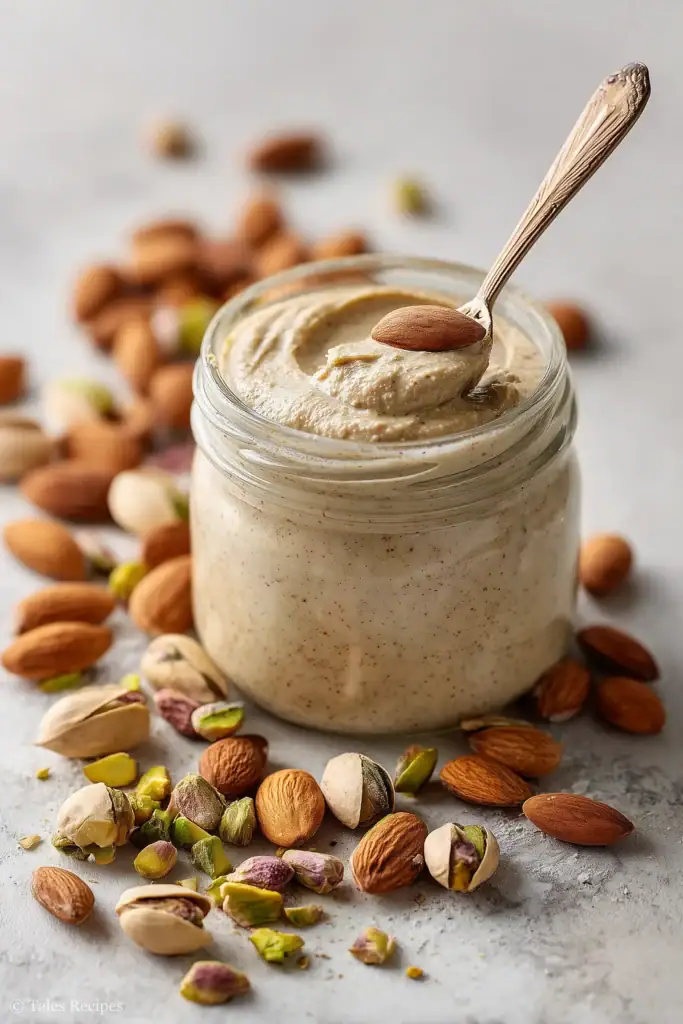 Creamy almond pistachio butter in a glass jar surrounded by roasted almonds and pistachios