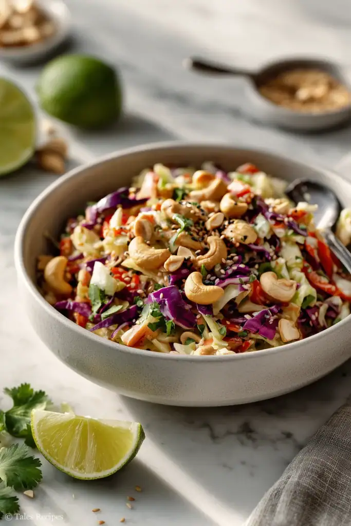 Inviting asian salad recipe with sesame-ginger dressing and toasted cashews on a marble background.