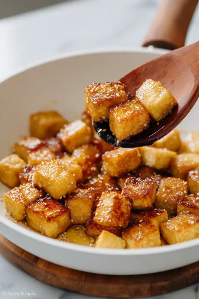 Pan-fried crispy tofu cubes for asian tofu salad on marble background