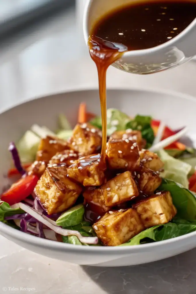 Pouring ginger-sesame dressing over asian tofu salad in white bowl