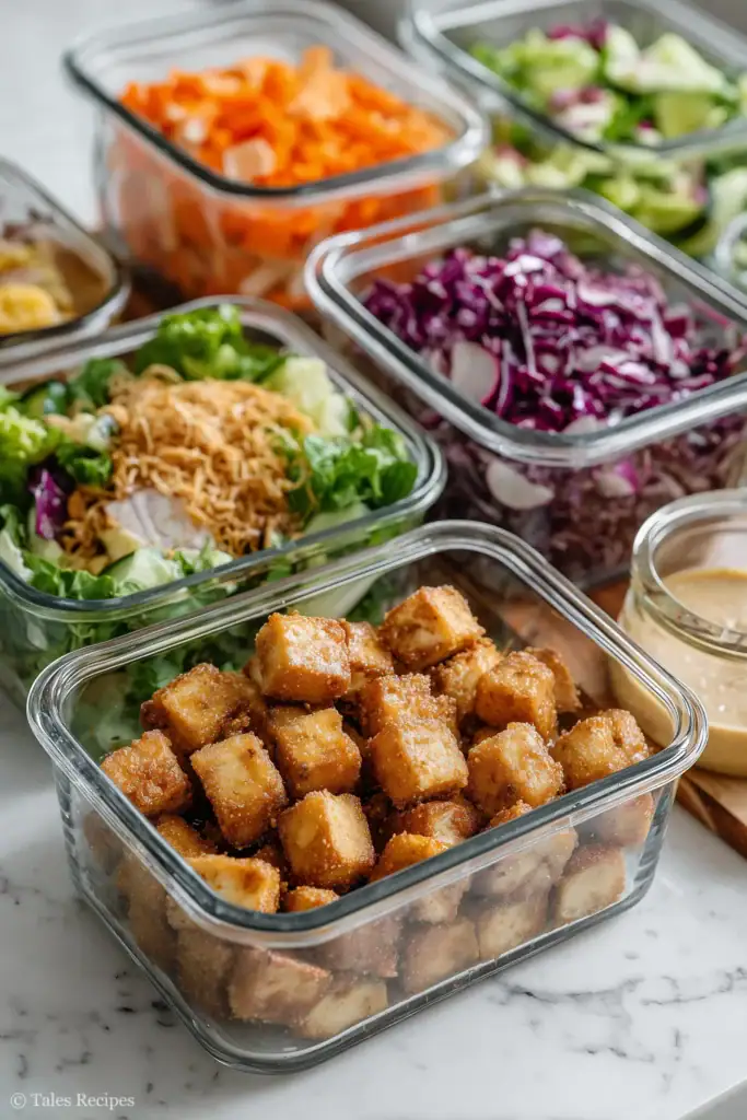 Asian tofu salad meal prep with tofu and vegetables in storage containers